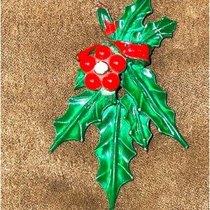 Vintage Enamel Christmas Holly Pin